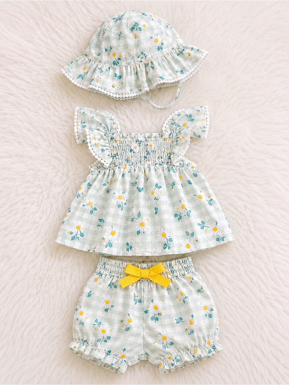Carter's Mint Gingham Floral Sun Hat & Three-Piece Set with Yellow Accents